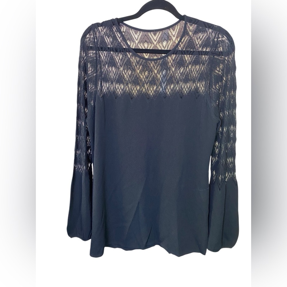 NWOT Black Ballon Sleeve Lace Jersey Black Nylon/Rayon/Spandex Sweater Top L